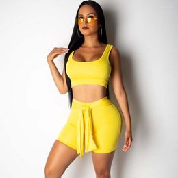 Women's Tracksuits Summer Trachsuit Women Two Piece Suits Sporty Outfits U-neck Tank Crop Top And Lace-up Shorts Casual Fitness Matching