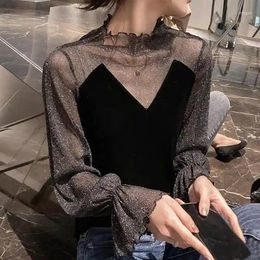 Women's T Shirts Female Lace Tshirts Blouse Half Turtleneck Bottoming Ladies Slim Thin Pullovers Tops Women Bottomed Mesh G13