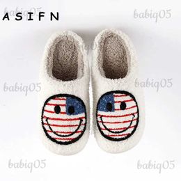 Slippers ASIFN American Flag Slippers Face Women Home Winter Style Fluffy House Cute Print Fuzzy Flat Ladies Indoor HouseShoes T231116