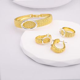 Necklace Earrings Set Dubai 24K Gold Plated Metal Weave Twisted Bracelet Finger Rings Jewellery Nigerian Women Wedding Party Bride Gifts