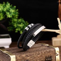 Charm Bracelets Stainless Steel Black Multilayer Leather Bracelet Men's Vintage Magnetic Buckle Braided Jewelry