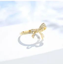 Cluster Rings Exquisite Gold Plated Zircon Bow Ring Sweet Romantic White Crystal Fine Jewelry Birthday Banquet Gift Women Fashion