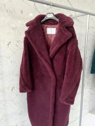 Burgundy MMAX teddy bear camelwool women coats alpaca fur xlong coat double breasted