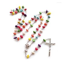 Pendant Necklaces QIGO Colourful Irregular Stone Rosary Necklace Catholic Long Cross Jewellery