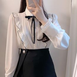 Women's Blouses Ruffles Cute Bow Tie Tops Preppy Style Vintage Japanese Korea Design Button Elegant Formal White Shirts 95A