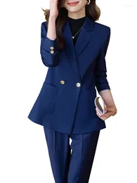 Women's Two Piece Pants Ladies Blazer Pant Suit Women Black Blue Pink Female Business Work Wear Jacket And Trouser Formal 2 Set With Pocket