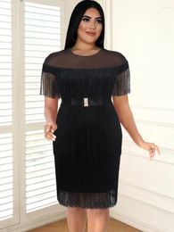 Plus Size Dresses ONTINVA Black Tassel 4XL O Neck See Through Patchwork Birthday Cocktail Party Fringe Gowns With Belt For Women