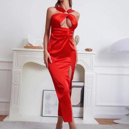 Casual Dresses Red Sexy Off Shoulder Hollow Out Bodycon Mid Dress Elegat Sleeveless Floor Length Satin Open Back