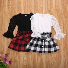 Clothing Sets 2023 Baby Girl Long Sleeve Plaid Skirt Mesh Stitching Decoration Flared Sleeves Spring Autumn Set