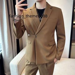 Men's Suits 2023 British Dress (Blazer Western Pants) High-end Suit Korean Version Of Casual Diagonal Buckle Two-piece Set