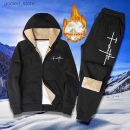 Men's Tracksuits Mens Sets Faith print Tracksuit Men Lamb Cashmere Winter Hooded Sweatshirt Thick Warm Sportswear Male Casual Suit Two Piece Set Q231117