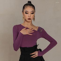 Stage Wear 2023 Balltoom Dance Clothes Women Latin Tops Purple Long Sleeves Shirts Slant Shoulder Rumba Practise BL9528