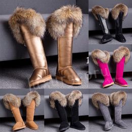 Neuer Stil Schneestiefel Warme Pelzschuhe Damen Winterfutter Echtpelzbesatz Wildleder Leder Kniehohe Stiefel Mode rutschfeste dicke flache Schuhe Wasserdichte Stiefel