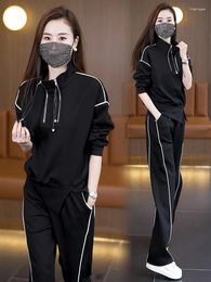 Women's Two Piece Pants Autumn Winter Two-piece Set For Women 2023 Stand Collar Sweatshirt Tops And Large Size Female Thick Black White