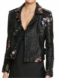 Womens Leather Faux Spring Autumn Floral Print Embroidery Jackets Women High Street Moto Rivet Black Punk Outerwear Biker Coats 231115