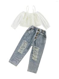 Clothing Sets Summer Toddler Baby Girls Fashion Outfits 2pcs Pants Suit Off Shoulder Fluffy Tops Elastic Waist Ripped Jeans