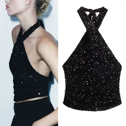 Women's Tanks Sexy Dark Sequin Velvet Halter Top Women Sleeveless Crop Tank Tops Party Black Backless Bodycon Vest One Piece Streetwear