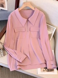 Women's Blouses Autumn Korean Style Loose Shirt Solid Colour Versatile Dual Pockets Casual Office Lady Fashion Simple Long Sleeve Tops