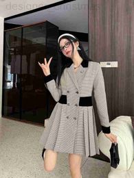 Basic & Casual Dresses designer luxury P23 Autumn and Winter New Style Triangle Decorative Thousand Bird Checker Bottom Fold Design Temperament Suit Dress P4EF