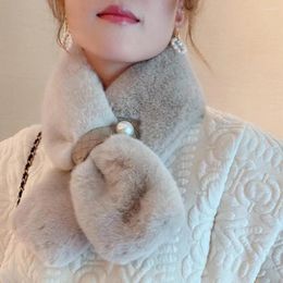 Scarves Women Plush Cross Scarf Pearl Soft Fluffy Neck Warmer Collar Winter Outdoor Thickened Warm Faux Fur Snood Shawl