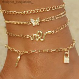 Anklets Bohemia Gold Colour Snake Ankle Bracelet Set For Women Butterfly Key Lock Charm Anklet Chain On Leg Boho Jewellery GiftL231116