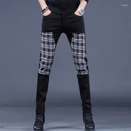 Men's Jeans Black Plaid Patchwork Men Autumn Slim Fit Straight Pants Streetwear Casual Stretch Denim Trousers