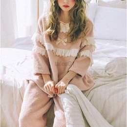 Women's Sleep Lounge Women Lolita Pink Flannel Pyjama Sets.Bow Flannel Tops+Long Pants.Vintage Ruffle Pyjamas Set.Ladies Sleep Home Wear Loungewear zln231116