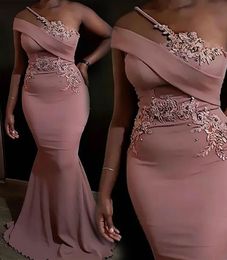 Prom Dresses One-Shoulder Evening Gown Party Formal New Custom Plus Size Zipper Mermaid Applique Satin Beaded Sleeveless Lace Up Floor-Length