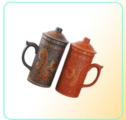 Traditional Chinese Dragon Purple Clay Mug with Lid Strainer Retro Handmade Yixing Cup Zisha cup Gift Mug Tumbler 210827266872