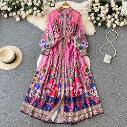 Casual Dresses Runway Spring Autumn Holiday Maxi Dress Women Clothing Stand Collar Long Lantern Sleeve Red Flower Print Belted Loose Vestidos