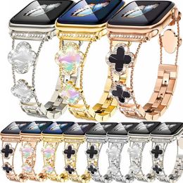 Small Fragrant Four-leaf Fritillary with Diamond Strap Band Link Bracelet Straps Metal Bands Watchband for Apple Watch Series 3 4 5 6 7 8 Iwatch 40mm 44mm 41mm