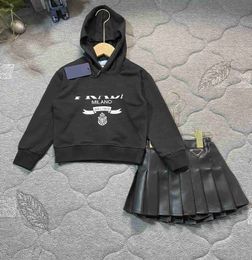 New girls dress suits kids designer clothes baby partydress Size 100-160 Autumn hoodie and leather pleated short skirt Nov15