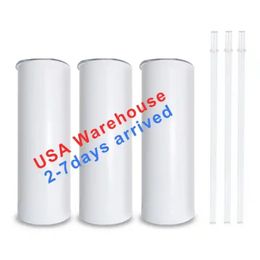 USA Warehouse Fast Ship 25pc/box 20oz Blanks White Sublimation Mugs Water Bottle Drinkware Stainless Steel Tumblers With Plastic Straw And Lid 1116