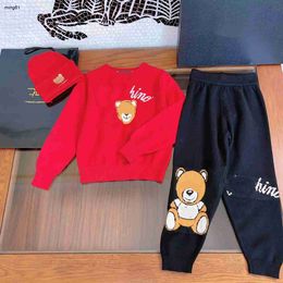 Brand Autumn baby Tracksuits high quality kids designer clothes Size 100-160 red sweater Doll Bear Print pants Knitted hat Nov15