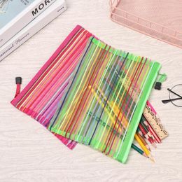 Simple Rainbow Colour Mesh Document Bag Multicolor Zipper Stationery Nylon Pencil Case Office Student School Supplies