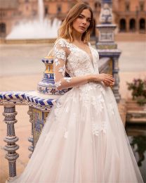 Boho Long Wedding Dresses V Neck Tulle Full Sleeves with Appliques Beach A Line Sweep Train Custom Made for Women