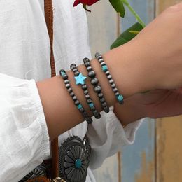 Charm Bracelets 4Pcs Western Style Cowboy Turquoise Star Stone Decor Faux Pearl Set Suitable For Women's Daily Wear