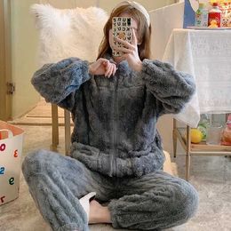 Women's Sleep Lounge Autumn Winter Zipper Pyjamas for Women Loungewear Warm Coral Fleece Homewear Ladies Flannel Plush Thick Sleepwear Home Suits New zln231116