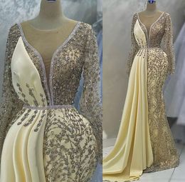 2023 년 4 월 Aso Ebi Gold Mermaid Prom Dress Crystals 스팽글 레이스 저녁 공식 파티 두 번째 리셉션 생일 약혼 가운 드레스 Robe de Soiree ZJ5246