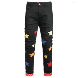 Men's Jeans Men Stars Patches Denim Multi Color Patchwork Stretch Pants Roll Up Hem Slim Straight Trousers