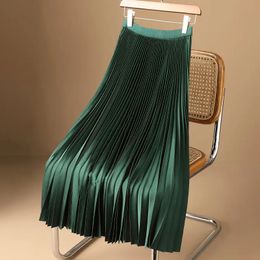 Skirts Rimocy Elegant Satin Long Pleated Skirt Woman Spring Summer Elastic Waist A Line for Women Office Wild Green Midi 231115