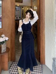 Casual Dresses Denim Sundress Women Spring Belted Sleeveless Trumpet Tank Midi Korean Fashion Jeans Dress S M L