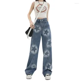 Women's Jeans Blue For Women Streetwear Straight High Waisted Chic Vintage Star Print Wide Leg Full Length Y2k Pants