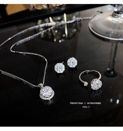 Pendant Necklaces Ins Tide Tiktok Boom Three-piece Rotating Earring Ring Titanium Steel Necklace Super Flash Micro Inset Zircon Clavicle