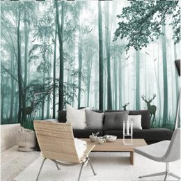 Wallpapers Fantasy Misty Forest Mural For Living Room Walls 3D Watercolour Woods Elks And Birds Wandering Big Trees Wall Murals