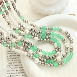 Chains Trendy Personalised Stainless Steel Fashion Jade Bead Imitation Pearl Round Beads Link Chain Necklace For Women Girls