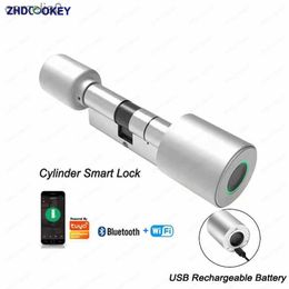 Smart Lock Smart Cylinder Lock Tuya 70mm Electronic Bluetooth APP Remote Biometric Fingerprint Lock Anti-Theft Security Home Door LockL231116