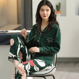 Women's Sleepwear Autumn Winter 100% Knitted Cotton Women's Sleep Lounge Pajama Long Sleeved Woman Pajama Set Print Pyjamas Sleepwear M-XXXL 231116