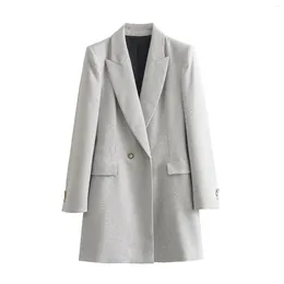 Women's Suits 2023 Woman Double Breasted Long Blazer Fashion Lapel Shoulder Pads Blazers Chic Sleeve Office Overcoat Womens Clothing