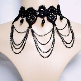 Chains Black Lace Necklace Women Girl Boho Crystal Tassel Sexy Choker Steampunk Dark Loli Style Halloween Jewellery